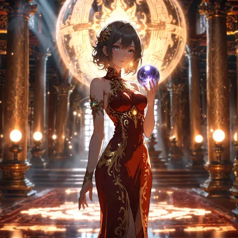(holding sphere:1.2), floating glowing sphere projected from her hand, anime drawing style of a slender female casting magic, beautiful tight fitting dress, anime, drawing, wide shot, full body, large ornate temple, indoors, highly detailed,, volumetric lighting, depth of field, cinematic