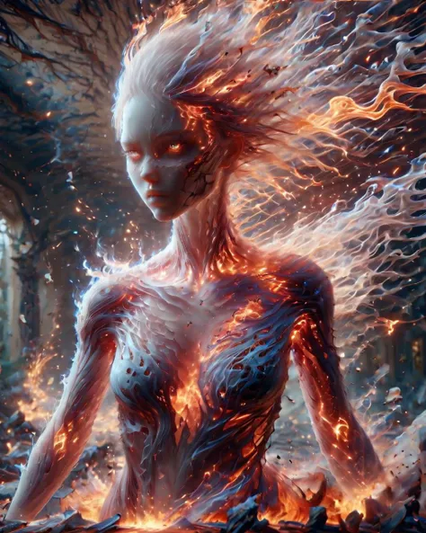 A shattered young woman explodes outwards in a burst of fiery energy, bone fragments scattering amidst the swirling flames. <lora:detailed_notrigger:0.8>
<lora:Tempest_Magic_-_XL_Grimoire:0.8> tempestmagic, ethereal transparent, motion blur <lora:ral-lava-sdxl-v2:0.8> ral-lava