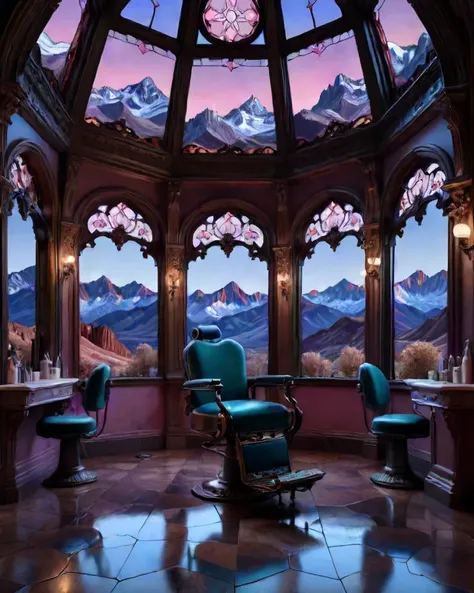 lush mountains, landscape of a Morbid Ruined (Hair salon:1.2) , at Blue hour, Victorian aesthetic, ornate, stained glass, digital painting, iconic style, award winning, Infrared, designed by Giovanni Benedetto Castiglione, calm, fantastic aesthetic, exquisite color, artistic, romantic, beautiful, excellent composition, delicate, illustrious quality