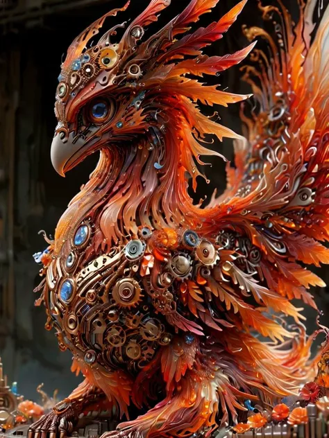 A close-up of an intricate mechanical phoenix crafted from gears, springs, and jewels, resting on a weathered workbench. Style: steampunk, hyperdetailed.<lora:detailed_notrigger:0.8> <lora:crystalz:0.8> crystalz <lora:ral-lava-sdxl-v2:0.8> ral-lava