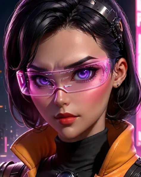 a woman with glasses and a leather jacket in a futuristic city