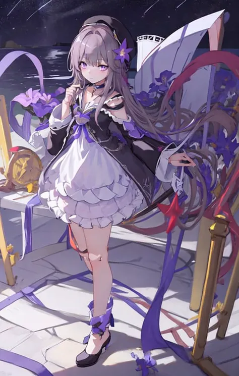 masterpiece, best quality, ultra-detailed, illustration,
1girl,solo, image body, flower, looking at viewer,
purple eyes, jewel-like eyes, extremely detailed eyes, extremely detailed face,
star \(sky\), constellation, purple energy, railing, meteor