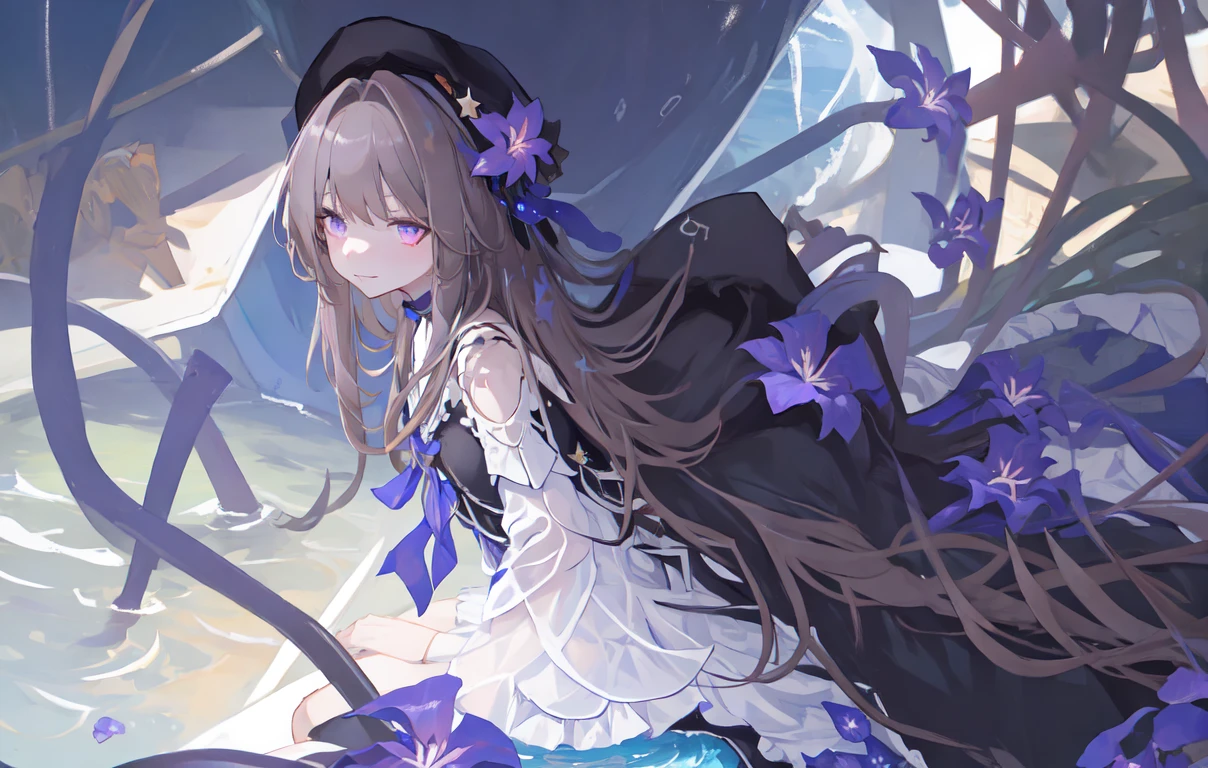 best quality:1.3),(masterpiece:1.3),(illustration:1.3),(ultra-detailed:1.3),(imid shot:0.9),
1girl,solo,very young,short neck
kneeling, (soaking in stream:1.2), soaked white dress,(see-through dress:1.2),no bra, image,
from side,from below,close-up, flower
purple eyes,jewel-like eyes,extremely detailed eyes,extremely detailed face,(seductive smile:0.8),(open mouth:0.3),
star, constellation, purple energy,