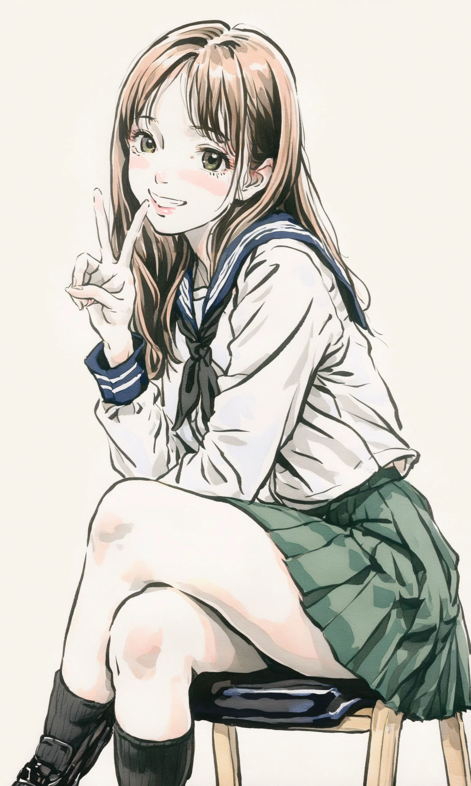 1girl,kadotani anzu,girls und panzer,serafuku,long sleeves,green skirt,black neckerchief,white shirt,pleated skirt,black socks,loafers,
sitting on chair,blush,smile,peace sign,crossed legs,
masterpiece,best quality ,