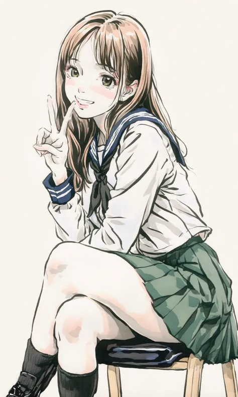 1girl,kadotani anzu,girls und panzer,serafuku,long sleeves,green skirt,black neckerchief,white shirt,pleated skirt,black socks,loafers,
sitting on chair,blush,smile,peace sign,crossed legs,
masterpiece,best quality ,