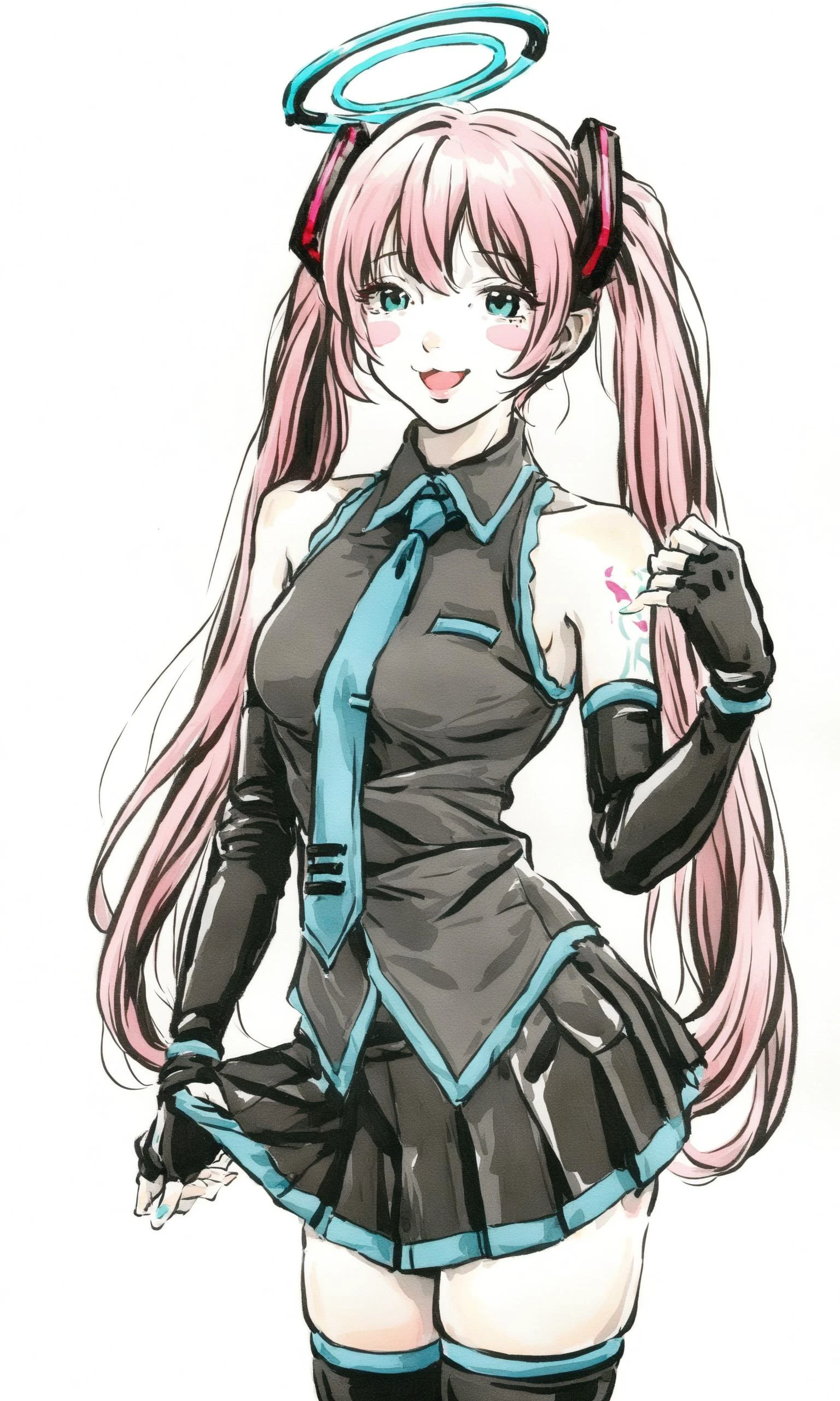 masterpiece,best quality,1girl,hatsune_miku,hatsune_miku_\(cosplay\),solo,necktie,twintails,pink_hair,detached_sleeves,cosplay,long_hair,fingerless_gloves,gloves,white_background,:3,thighhighs,skirt,simple_background,blush_stickers,halo,sleeveless,blue_necktie,tattoo,very_long_hair,shirt,black_gloves,black_thighhighs,sleeveless_shirt,blush,smile,open_mouth,<lora:miku_cosplay:1>,