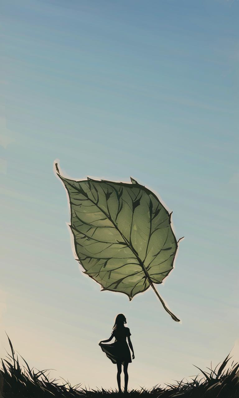 There is a woman holding a leaf shaped umbrella in the air - SeaArt AI