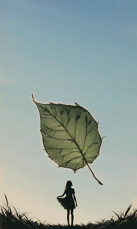 Best quality, masterpiece, ultra high res,A girl stands on the grass, looking up as a giant leaf drifts down from the sky, its outline stark against the blue backdrop. The leaf's edges glimmer in the sunlight, casting a gentle shadow and adding a touch of mystery and tranquility to the scene.
