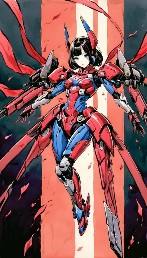 In this fantasy world,a girl stands in the air,surrounded by rotating red scrolls and floating Chinese characters. Her blue eyes do not look at the camera but are entirely focused on the weapon in her hand,which emits a mysterious glow. The robots and mechas around her add a sci-fi touch,while cinematic lighting and strong contrast dramatically highlight her figure,suspended in mid-air,