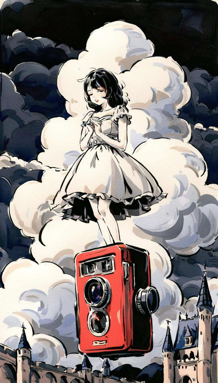 posing,
(cloud:1.3),a woman wearing a dress made of thunder clouds,wearing TCloud,
(a girl made of clouds:1.2),(castle:0.8),(city:0.8),((girl suspended in mid-air)),white_marble_glowing_skin,Deep photo,depth of field,shadows,messy hair,seductive silhouette play,dark,nighttime,dark photo,grainy,dimly lit,shot on RED camera,harsh camera flash ((eyes closed)),