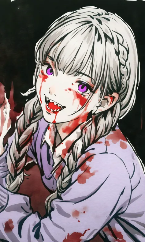 masterpiece,best quality,1girl,solo,sharp teeth,teeth,braid,twin braids,open mouth,grey hair,looking at viewer,purple eyes,long hair,horror \(theme\),blood,long sleeves,upper body,shirt,smile,