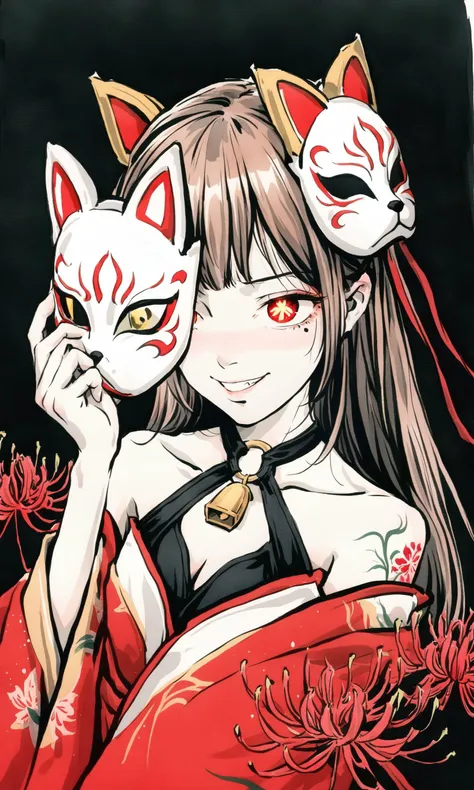 masterpiece,high quality,1girl,amazing cinematic,sparklehsr,evil,menacing,glowing eyes,yandere,holding face,red gold-trimmed kimono,o-ring halterneck,hair ornaments,well-drawn hands,fingers,bare hand,thumbs,mole under both eyes,red string,flower tattoo,neck bell,red fox mask on head,butterfly-shaped pupils,brown gradient hair,ominous red lighting,scary,grinning,spider lily flowers,