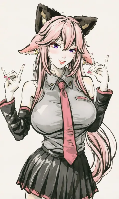 masterpiece,best quality,1girl,yae_miko,long_hair,solo,necktie,pink_hair,cosplay,purple_eyes,skirt,fox_ears,detached_sleeves,grey_shirt,looking_at_viewer,very_long_hair,animal_ears,smile,breasts,shirt,low-tied_long_hair,bare_shoulders,hair_between_eyes,hatsune_miku_\(cosplay\),pink_nails,fox_shadow_puppet,black_skirt,parted_lips,sleeveless_shirt,hair_ornament,pleated_skirt,bangs,large_breasts,jewelry,earrings,sleeveless,<lora:miku_cosplay:1>,