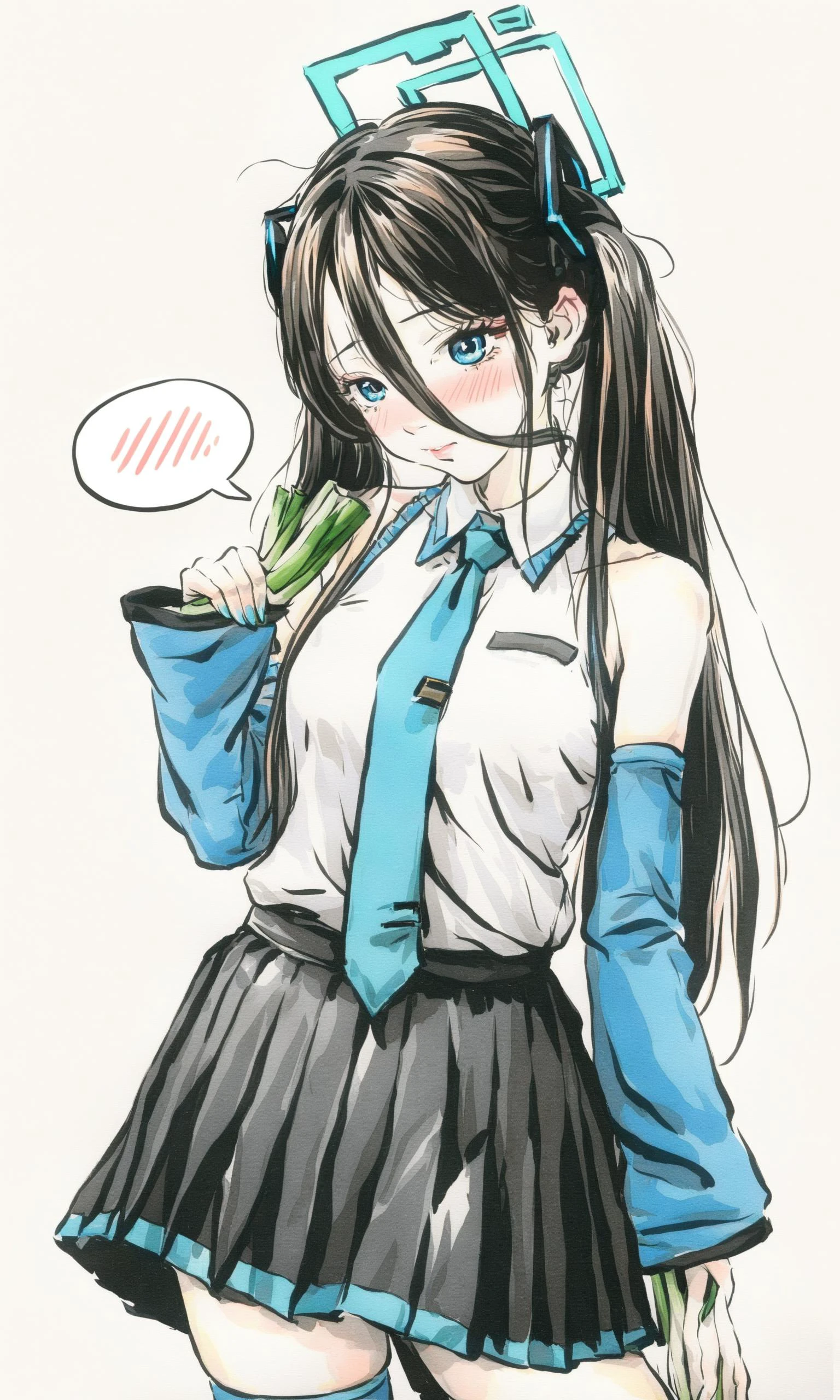 masterpiece,best quality,aris_\(blue_archive\),1girl,solo,halo,cosplay,detached_sleeves,twintails,long_hair,blue_eyes,thighhighs,necktie,alternate_hairstyle,very_long_hair,hair_between_eyes,blush,white_background,spring_onion,hatsune_miku_\(cosplay\),simple_background,skirt,spoken_blush,looking_at_viewer,hair_ornament,food,black_hair,<lora:miku_cosplay:1>,
