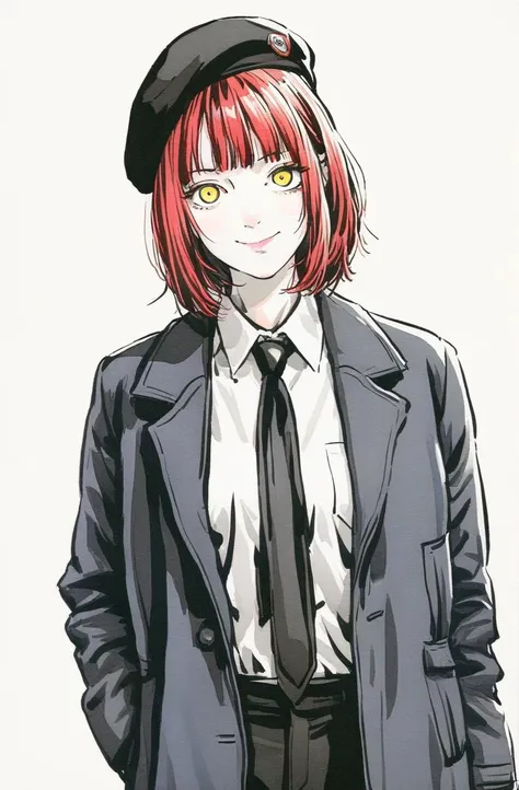 masterpiece, best quality, ultra-detailed, beautiful, nai3,
1girl, bangs, beret, black coat, black necktie, black pants, closed mouth, coat, collared shirt, hands in pockets, hat, jacket, looking at viewer, makima, (chainsaw man), medium hair, necktie, open coat, pants, red hair, ringed eyes, shirt, sidelocks, simple background, smile, solo, white background, white shirt, yellow eyes,