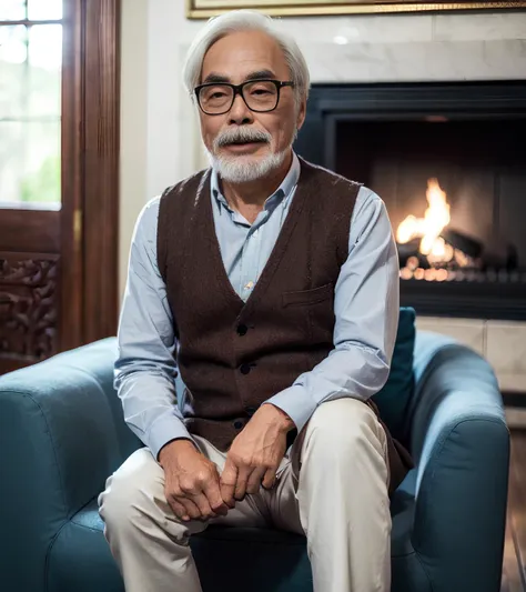 (A medium photo of  gongqijun,oldman),wearing(brown vest.babyblue shirt),sitting on chair,hug a cat,indoor,fireplace in background,(masterpiece) (photorealistic:1.2) (bokeh) (best quality) (detailed skin) (intricate) (8k) (HDR) (cinematic lighting) (sharp focus) 
 <lora:gongqijun:0.9>