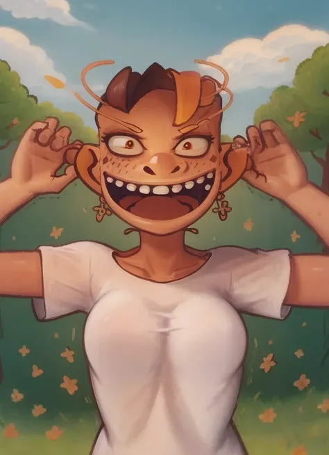 1girl, solo, embarassed, wearing oversized t-shirt, at shop, sunny daym mireska dark willow, dark willow <lora:darkWillowDota2WIPNSFW_v02WIP5epoch:0.9>, lozhkin, open mouth, big smile, accurate teeth with gaps <lora:lozhkin:0.7>