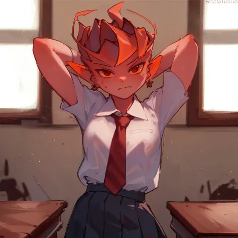 <lora:darkWillowDota2WIPNSFW_v02WIP5epoch:1>,best quality, masterpiece, 1girl, mireska dark willow, dota 2, dark willow, school uniform, white shirt, shirt, pleated skirt, necktie, sad, standing, facing viewer, studio lighting, blue lighting, school, school desk, indoors, window, detailed background, arms behind back,
