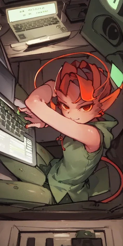 <lora:darkWillowDota2WIPNSFW_v02WIP5epoch:1>, best quality, masterpiece, 1girl, solo, mireska dark willow, dota 2, dark willow, wings, detailed background, ((hands on computer keyboard)), sitting, dark room,pale green lighting, looking at computer, hoodie, mouth dangling open, hacker, sideview