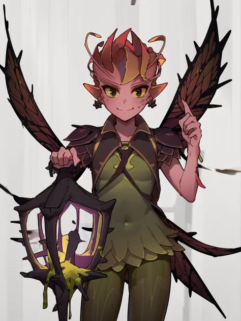 night, hand up, glowing, standing, solo, cowboy shot, facing viewer, looking to the side, dota 2, dota (series), dark willow, small breasts, green pantyhose, ingame clothes, holding lantern, lantern, wings, smile, dress, earrings, pantyhose, 1girl, jewelry, bangs, striped, closed mouth, green dress