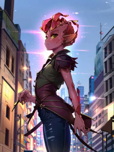 best quality, masterpiece, highres, absurdres,  1girl, solo, mireska dark willow, dota 2, dark willow, standing, from side, night, glowing, bodysuit, jeans, city, ingame model