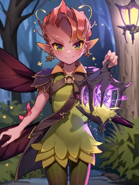 night, hand up, glowing, standing, solo, cowboy shot, facing viewer, looking to the side, dota 2, dota (series), dark willow, small breasts, green pantyhose, ingame clothes, holding lantern, lantern, wings, smile, dress, earrings, pantyhose, 1girl, jewelry, bangs, striped, closed mouth, green dress