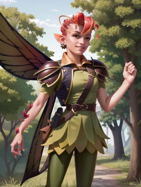 best quality, masterpiece, highres, absurdres, 1girl, solo, mireska dark willow, dota 2, dark willow, standing, forest, wings, evil grin, green pantyhose, green dress, cape, (realistic:1.1), ingame clothes