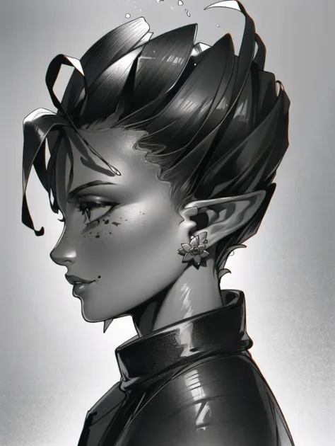 spot color, grey background, facial mark, parted lips, nose, teeth, realistic, light smile, looking to the side, facing to the side, dota 2, dota (series), dark willow, 1girl, solo, monochrome, earrings, jewelry, greyscale, flower, lips, profile, portrait, from side