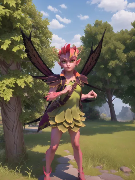 best quality, masterpiece, 1girl, solo, wings, jewelry, dress, smile, mireska dark willow, dota 2, dark willow, green dress, looking at viewer, parted lips, small breasts, facing viewer, standing, ingame clothes, ingame model,