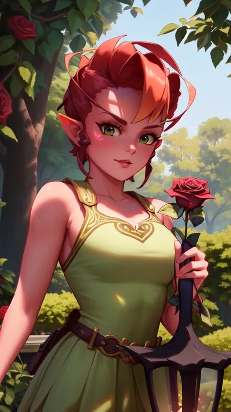 best quality ,beautiful,gorgeous , highly detailed , unreal engine , octane render , , detailed face,smug, ray traced reflections, mature , 8k high res , extremely detailed eyes , masterpiece, (mj:0.2),short hair <lora:darkWillow:0.7>,dark willow ,1girl,green dress,holding a glowing purple lantern, in a lush and vibrant rose garden,mireska