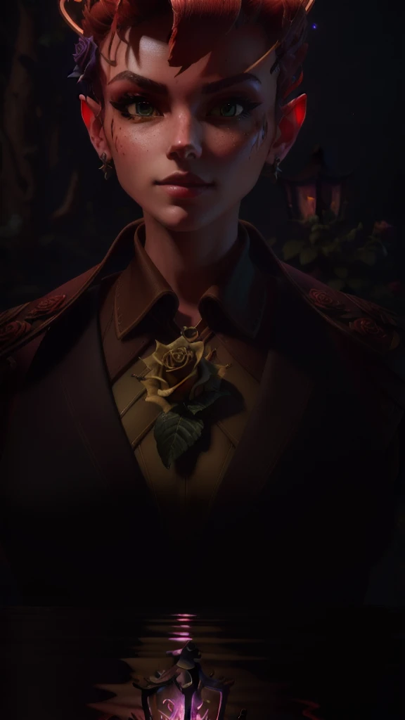 best quality ,beautiful,gorgeous , highly detailed , unreal engine , octane render , , detailed face,smug, ray traced reflections, mature , 8k high res , extremely detailed eyes , masterpiece, (mj:0.2),short hair <lora:darkWillow:0.7>,dark willow ,1girl,green dress,holding a glowing purple lantern, in a lush and vibrant rose garden,mireska