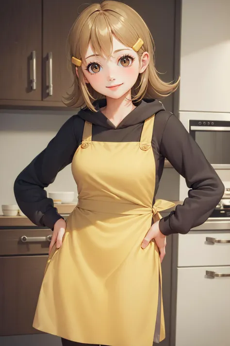 (masterpiece, best quality:1.2), <lyco:warioware_5-volt-10:0.8>, solo, 1girl, 5-volt, smile, looking at viewer, hand on hip, hairclip, hoodie, apron, kitchen