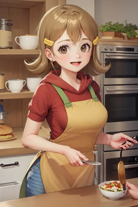 (masterpiece, best quality:1.2), <lyco:warioware_5-volt-10:1.0>, solo, 1girl, 5-volt, smile, looking at viewer, holding, bowl, hairclip, hoodie, apron, kitchen, frying pan, food