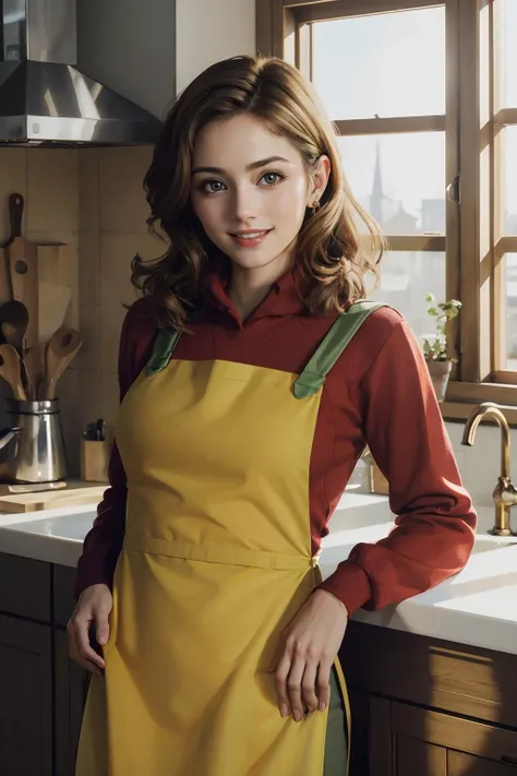 a beauty photo of 5-volt,wearing red sweater, yellow apron, green pants, standing, looking at viewer, smiling, happy,
indoors, kitchen, soft natural lighting, extreme detail, hdr,
<lora:warioware_5-volt-10:.8>