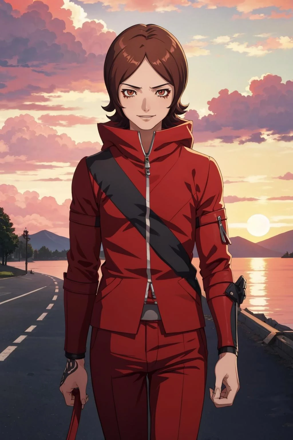 masterpiece, best quality, solo, 1boy, smile, looking at viewer, <lora:Tatsuya_Fp:1>, tatsuyaep, red jacket, red pants, tattoo, hand tattoo, <lora:FE-ENGAGE S Rank_Fp:1>, Sky, sunset, clouds