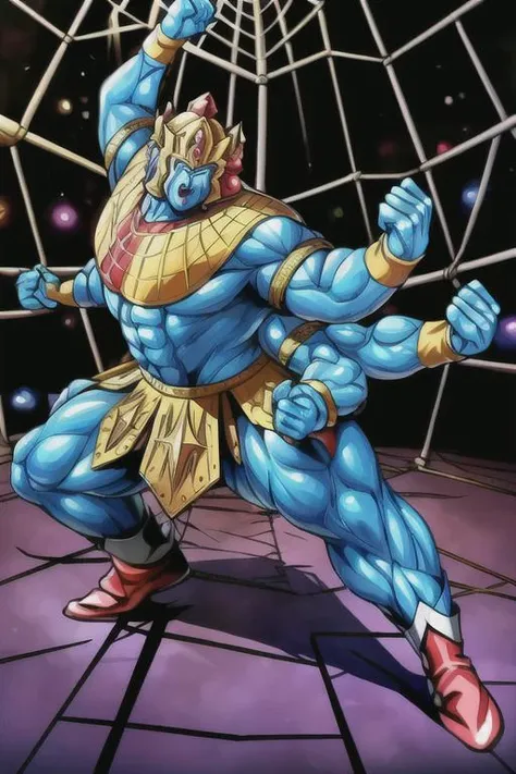 masterpiece, best quality,ultra detail, <lora:anmnr01:0.3> <lora:add_detail:0.5>,professional wrestling ring,spider web,1man,<lora:ashuramanV1:0.8>,ashuraman,fighting pose,dramatic angle