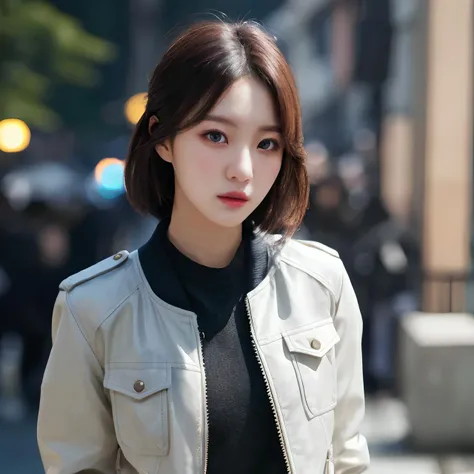 hyper realistic lifelike texture dramatic lighting unreal engine trending on art station, award winning photo, nikon RAW photo,8 k, Fujifilm XT3,masterpiece, best quality, realistic, photorealistic, ultra detailed, extremely detailed face, solo,1girl, standing, fashionable and trendy atmosphere, dreamy atmosphere, wearing jacket outside, (upper body),