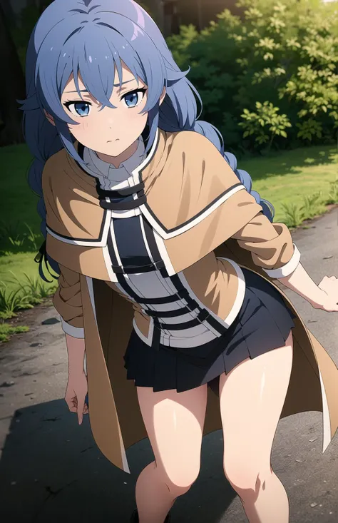 (1girl:1.5), (small chest:1.5), (mushoku tensei style:1.3), ((anime coloring)), (roxy:1.3),
((high resolution illustration)), ((masterpiece)), ((best quality)), high detail,
(textured skin:1.4), (detailed blue hair: 1.9), (detailed blue eyes:1.4), very long hair, very long hair, intricate hair, hair between eyes, nice hands, perfect hands, perfect body, solo focus, detailed brows, hair between eyes, ahoge, messy hair, twin braids, braid,
detailed lighting, realistic colours, bright colours,
wizard hat, cape, capelet, collared shirt, black legwear, black skirt, capelet, jacket, brown jacket, long sleeves, miniskirt, open clothes, open jacket, pleated skirt, skirt, white capelet, white footwear, white jacket,
forest, fantasy, day,
<lora:roxytest:0.9>, <lora:mushoku_tensei_style_offset:0.9>