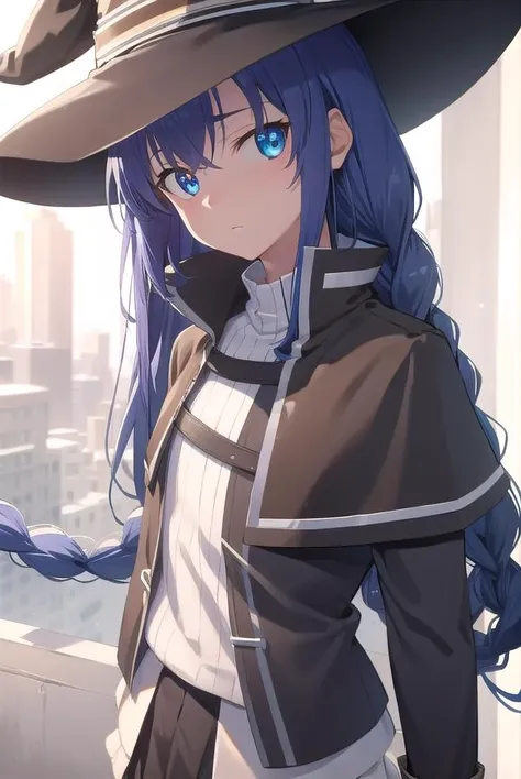 roxymigurdia, <lora:roxytest:1>,
roxy, ahoge, black ribbon, blue eyes, blue hair, braid, hair between eyes, hair ribbon, long hair, twin braids, very long hair, hat, witch hat,
BREAK black legwear, black skirt, capelet, jacket, brown jacket, long sleeves, miniskirt, open clothes, open jacket, pleated skirt, skirt, white capelet, white footwear, white jacket,
BREAK looking at viewer,
BREAK outdoors, city,
BREAK <lora:GoodHands-vanilla:1>, (masterpiece:1.2), best quality, high resolution, unity 8k wallpaper, (illustration:0.8), (beautiful detailed eyes:1.6), extremely detailed face, perfect lighting, extremely detailed CG, (perfect hands, perfect anatomy),
