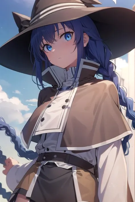 roxymigurdia, <lora:roxytest:1>, 
roxy, ahoge, black ribbon, blue eyes, blue hair, braid, hair between eyes, hair ribbon, long hair, twin braids, very long hair, hat, witch hat,
BREAK black legwear, black skirt, capelet, jacket, brown jacket, long sleeves, miniskirt, open clothes, open jacket, pleated skirt, skirt, white capelet, white footwear, white jacket,
BREAK looking at viewer,
BREAK outdoors, city,
BREAK <lora:GoodHands-vanilla:1>, (masterpiece:1.2), best quality, high resolution, unity 8k wallpaper, (illustration:0.8), (beautiful detailed eyes:1.6), extremely detailed face, perfect lighting, extremely detailed CG, (perfect hands, perfect anatomy),