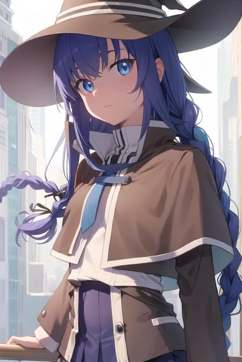 roxymigurdia, <lora:roxytest:1>,
roxy, ahoge, black ribbon, blue eyes, blue hair, braid, hair between eyes, hair ribbon, long hair, twin braids, very long hair, hat, witch hat,
BREAK black legwear, black skirt, capelet, jacket, brown jacket, long sleeves, miniskirt, open clothes, open jacket, pleated skirt, skirt, white capelet, white footwear, white jacket,
BREAK looking at viewer,
BREAK outdoors, city,
BREAK <lora:GoodHands-vanilla:1>, (masterpiece:1.2), best quality, high resolution, unity 8k wallpaper, (illustration:0.8), (beautiful detailed eyes:1.6), extremely detailed face, perfect lighting, extremely detailed CG, (perfect hands, perfect anatomy),