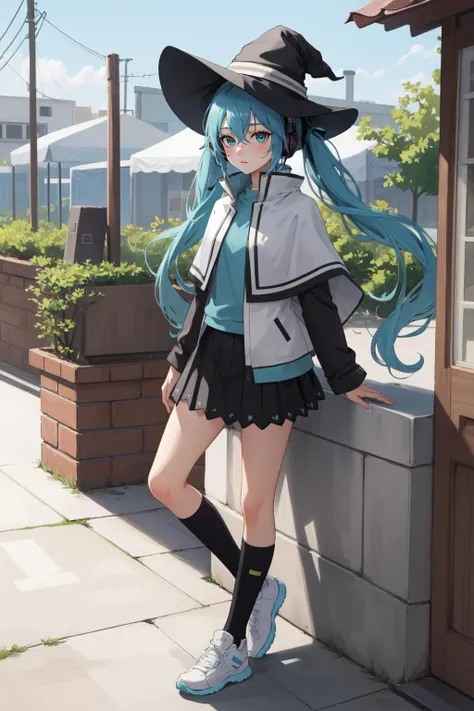 (masterpiece, best quality), intricate details,
1girl, <lora:mikuhatsunetest:0.8> miku hatsune, ahoge, aqua eyes, aqua hair, crossed bangs, hair between eyes, hair ornament, headphones, long hair, twintails,,
<lora:roxytest:0.8> black legwear, black skirt, capelet, jacket, brown jacket, long sleeves, miniskirt, open clothes, open jacket, pleated skirt, skirt, white capelet, white footwear, white jacket, witch hat,
BREAK fantasy village, carriages, street, market,