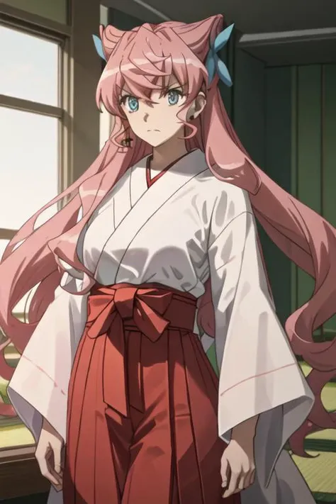 best quality, masterpiece, highres, solo, {white kimono:1.35}, {red hakama:1.35}, {wide sleeves:1.20}, {maria_cadenzavna_eve_senkizesshousymphogear:1.15}, long_hair, pink_hair, blue_eyes, hair_ornament