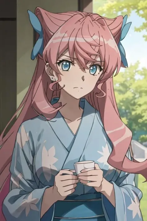 best quality, masterpiece, highres, solo, {yukata:1.40}, {kimono:1.20}, {maria_cadenzavna_eve_senkizesshousymphogear:1.15}, long_hair, pink_hair, blue_eyes, hair_ornament