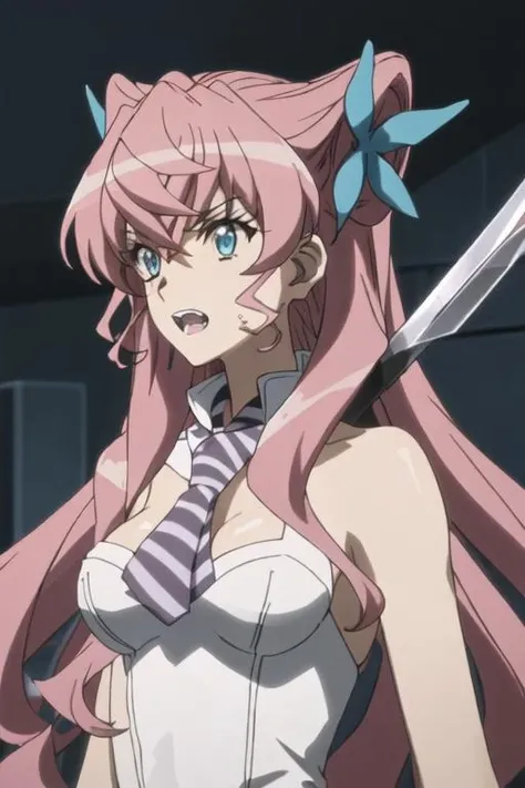 best quality, masterpiece, highres, solo, {maria_cadenzavna_eve_senkizesshousymphogear:1.15}, long_hair, pink_hair, blue_eyes, hair_ornament, 1girl, clenched_teeth, teeth, weapon