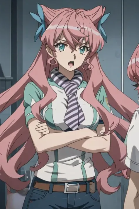 best quality, masterpiece, highres, solo, {maria_cadenzavna_eve_senkizesshousymphogear:1.15}, long_hair, pink_hair, blue_eyes, hair_ornament, 1girl, open_mouth, breasts, green_eyes