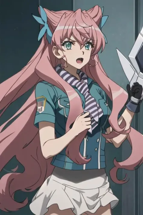 best quality, masterpiece, highres, solo, {maria_cadenzavna_eve_senkizesshousymphogear:1.15}, long_hair, pink_hair, blue_eyes, hair_ornament, 1girl, green_eyes, open_mouth, weapon