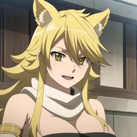 ((masterpiece, best quality, very detailed)), Leone, 1girl, solo, long_hair, breasts, smile, open_mouth, large_breasts, animal_ears, cleavage, bare_shoulders, :d, detached_sleeves, scarf, strapless, extra_ears <lora:Leone:0.8>