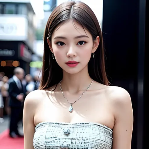 cinematic style, high resolution, 8k,
a photo of <lora:JENNIE:0.5>, in a black and white dress and white necklace, standing on red carpet, outdoor, natural light