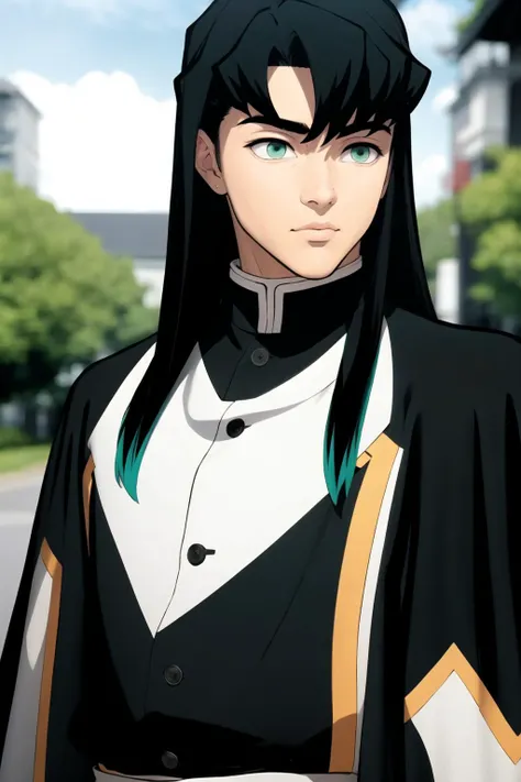 <lora:husbandoLocon_v32:.25> (upper body), (closed mouth:1.3), (bulge), (solo:1), ultra realistic 8k cg, picture-perfect face, flawless, clean, masterpiece, professional artwork, famous artwork, cinematic lighting, cinematic bloom, outdoors, day, 1boy, perfect face, beautiful face, beautiful eyes, (detailed), dynamic angle, (skinny body, flat chest:1.1), Muichiro Tokito, black hair, green hair tip, long hair, (green eyes), black kimono, asian sandals, <lora:beautifulDetailedEyes_v10:.45> <lora:rabies-t-lagomorph:.8> rabies-t-lagomorph